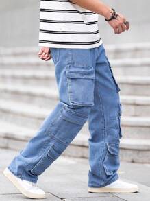 Manfinity Homme Men's Casual Loose Straight-Leg Multi-Pocket Pants - Medium Wash - View 7