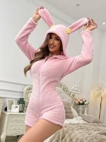 One-Piece Hooded Plush Animal Ear & Star Design Women Fluffy Romper ,Cozy And Elegant Details, For Fall Winter