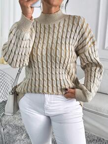 EMERY ROSE 大码女式芥末黄和白色高领扭纹针织宽松舒适套头衫，适合秋冬季和感恩节 - 彩色 - 查看 6