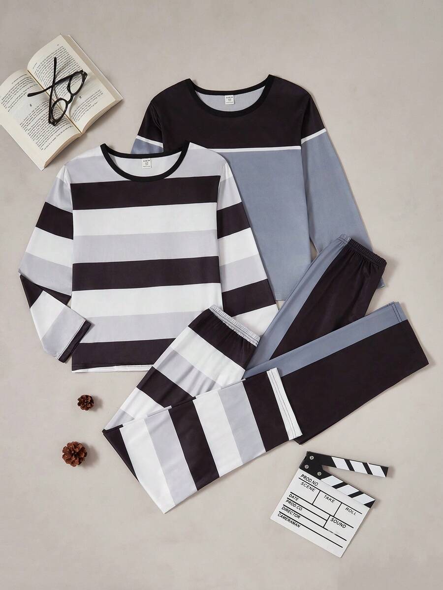 2pcs Set Tween Boy Simple Christmas Graphic Print Long Sleeve Shirt And Pants Casual Sleepwear - Multicolor - View 1