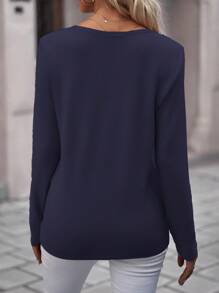 SHEIN LUNE 女式纯色纽扣半襟长袖休闲 T 恤，秋季 - 藏蓝色 - 查看 2
