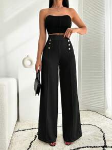 EURMUSE 白色纽扣细节阔腿裤