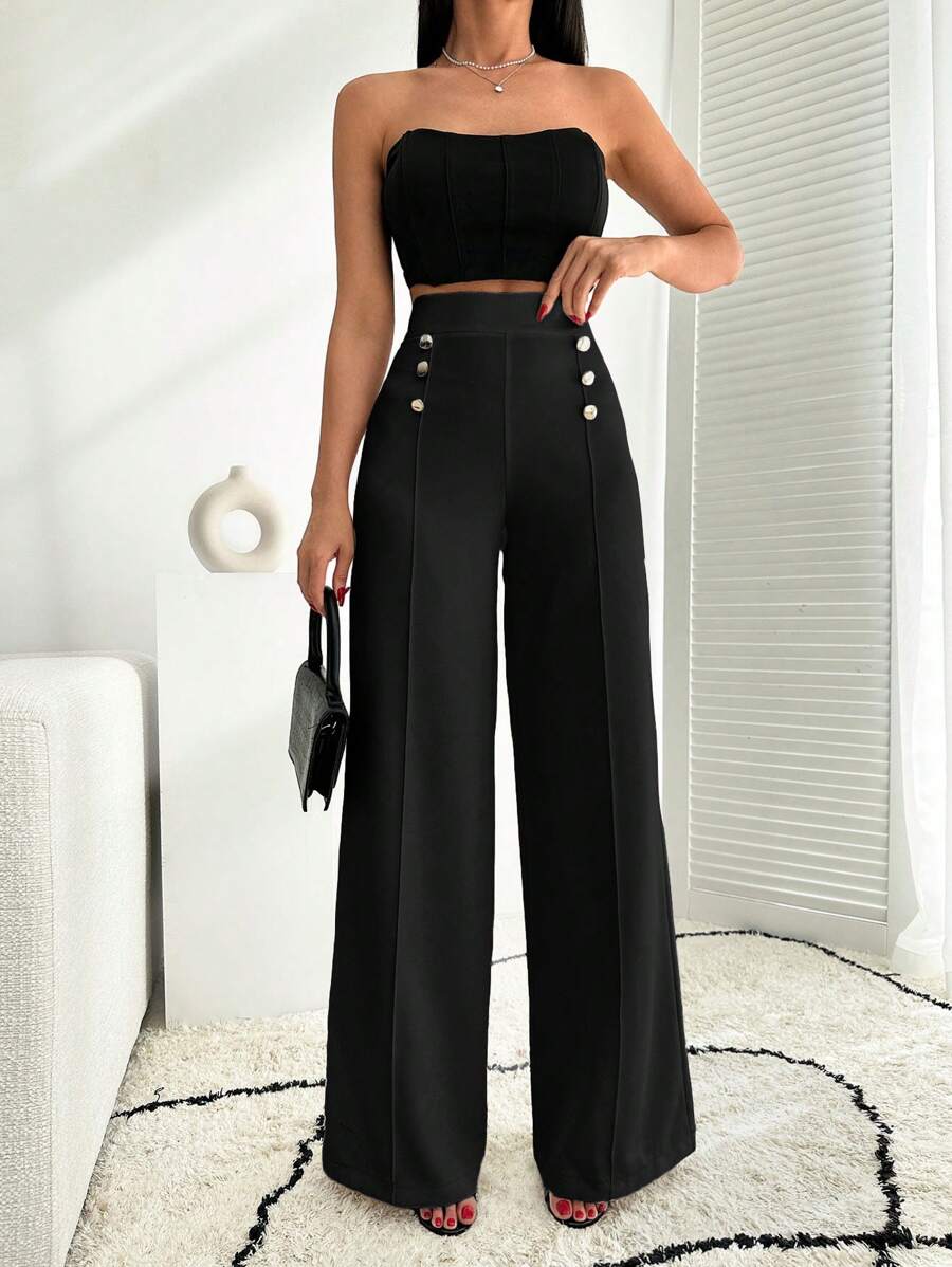 EURMUSE 白色纽扣细节阔腿裤