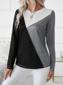 EMERY ROSE Women's Casual Colorblock Geometric Print Round Neck Long Sleeve T-Shirt, Autumn Fall Cloth For Women - Multicolor - View 5