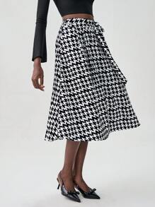 SHEIN Unity Vintage Autumn Daily Wear Fold Pleated Houndstooth Print A-Line Skirt - Black - View 5