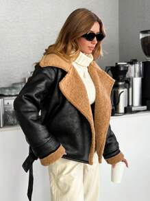 EURMUSE Motorcycle Jacket With Teddy Lining, Zipper, PU Leather - Black - View 4