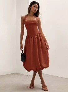 COSMINA Woman's Solid Color Neck Halter Pleated Casual Mid-Length Dress - Burgundy - View 3