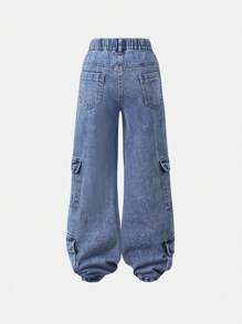 SHEIN Explorewe Calça Denim Denim de Carga Desgastada Casual para Meninas Pré-Adolescentes - Lavagem Média - Visão 2