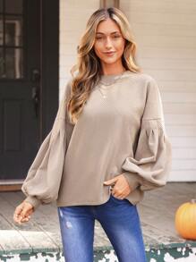 SHEIN VCAY Áo sweatshirt nữ tay dài cổ tròn màu trơn, kiểu dáng đơn giản, thích hợp mặc hàng ngày, trang phục Halloween cho người lớn, Lễ Tạ ơn, mùa thu. - Màu be - Xem 6