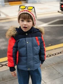 SHEIN Young Boy Hooded Patchwork Long Sleeve Casual Padded Coat