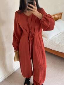 DAZY Casual Loose Half-Zip Tie Front Jumpsuit Pajama - Red - View 7