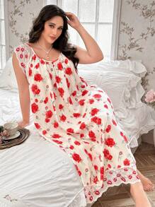 CottageSlumber Plus Size Elegant Red Lip & Floral Print Contrast Lace Summer Nightgown - Apricot - View 4
