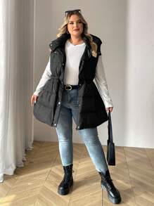 SHEIN CURVE+ Curve Plus Zip Up Hooded Vest Coat, For Winter - Black - View 4