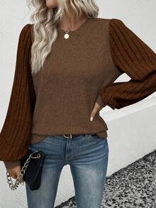 SHEIN LUNE Áo thun tay đèn lồng họa tiết khối màu thường ngày mùa thu - Cà phê nâu - Xem 3