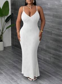 Slaydiva Robe longue moulante blanche à bretelles fines et décolleté plongeant avec dentelle florale, élégante et sexy, pour femme grande taille - Blanc - Voir 5