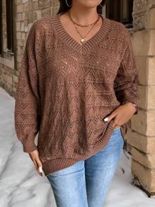 EMERY ROSE Plus Size Women's V Neck Pointelle Sweater Fall Women Western Attire, Winter Sweater - Brown - View 6