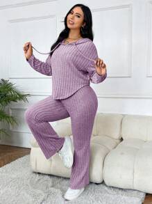 SHEIN EZwear 2 件/套大码女式休闲连帽运动衫和喇叭裤 - 紫丁香色 - 查看 4