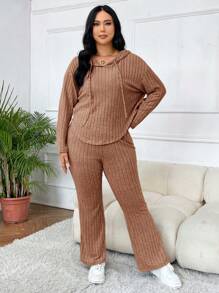 SHEIN EZwear Bộ 2 món đồ len trùm đầu thường ngày cỡ lớn - Lạc đà - Xem 5