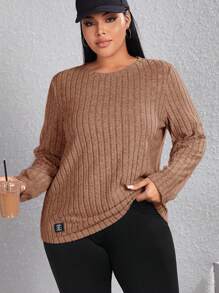 SHEIN EZwear Plus Size Women's Basic Round Neck Knit T-Shirt - Camel - View 1