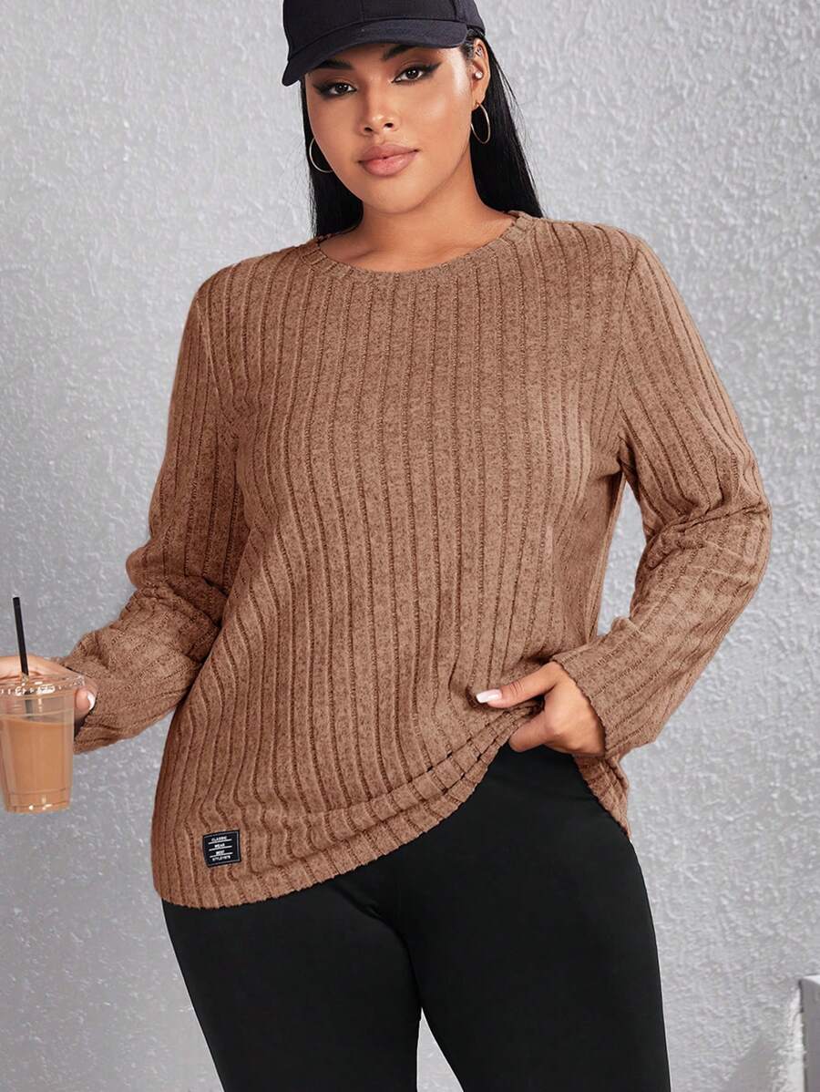 SHEIN EZwear Plus Size Women's Basic Round Neck Knit T-Shirt - Camel - View 1