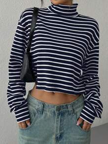SHEIN EZwear Navy Blue & White Striped Knitted Turtleneck Top For Women