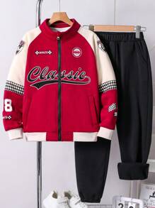 SHEIN 2pcs Tween Boy Streetwear Letter Print Color Blocking Fleece Jacket And Pants Set
