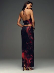 SHEIN Unity Black & Red Ink Painting Style High Waist A-Line Maxi Skirt With Back Slit - Multicolor - View 6
