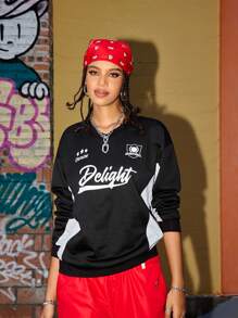 Streetz SHEIN Sport Sudadera de cuello redondo para mujer con estampado de letras de color contrastante y manga larga, Top de invierno para mujer