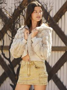 Easelle Zip Up Hooded Fuzzy Coat - Apricot - View 8