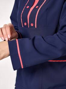 TaskEZ Women's Contrast Color Dual Pocket Long Sleeve Loose Top And Straight Leg Pants Scrub Uniform Set - Navy Blue - View 4