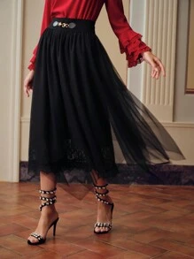 ZEYLAH MESH CHAIN WAIST FLARE SKIRT - Black - View 9