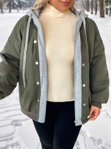 SHEIN LUNE 大码女式拼色连帽拉链夹克，冬季秋季服装