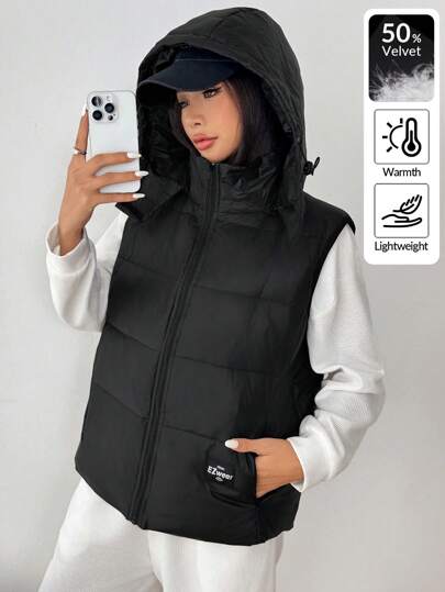 SHEIN EZwear Veste à capuchon pour femmes en duvet et plumes de couleur unie simple sans manches