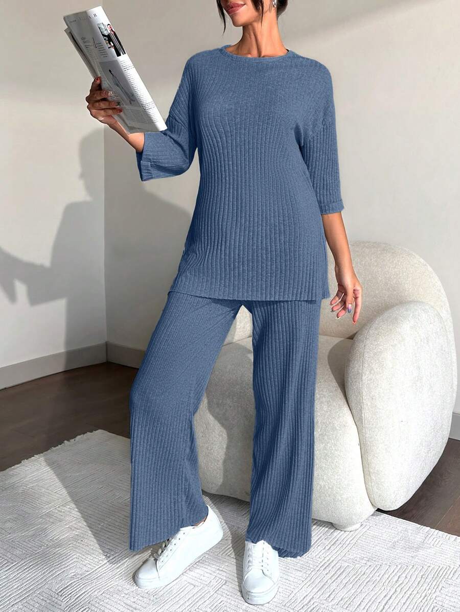 EURMUSE 100%Cotton Drop Shoulder Tee & Wide Leg Pants - Dusty Blue - View 1