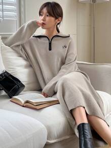 DAZY Women's Embroidered Collar Half-Zip Long Sleeve Knit Sweater Dress