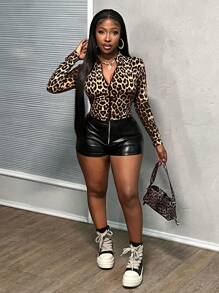 Slaydiva 简约休闲女式秋冬弹力豹纹 T 恤，半领拉链、V 领、紧身长袖 - E - 彩色 - 查看 7