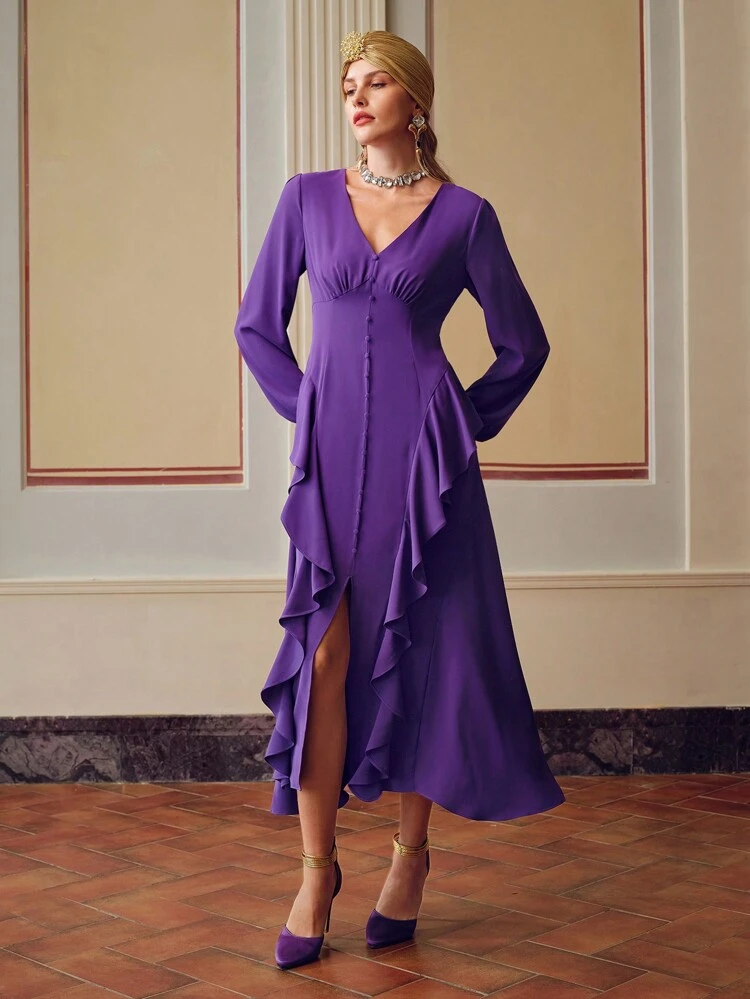 ZEYLAH SOLID V-NECK LANTERN SLEEVE RUFFLE TRIM SPLIT HEM LONG DRESS