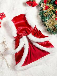 PETSIN 1 件装宠物天鹅绒红色圣诞裙，配领结，适合狗狗 - 紅白色 - 查看 6