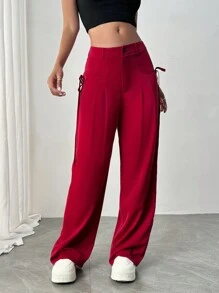 Chiquease Korean Style Summer New Loose High Waist Drawstring Wide Leg Pants For Women - Burgundy - View 4