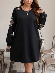 SHEIN LUNE Plus Size Women Floral Print Long Sleeve Knee-Length Loose Casual Dress For Autumn Holiday Outfit Holiday Party Dress Plus Dress
