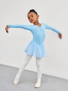 SHEIN 1 件年轻女孩时尚优雅芭蕾舞服套装，包括蓝色亮片网眼芭蕾舞裙和长袖紧身衣