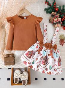 SHEIN 2pcs/Set Young Girls Christmas Ribbed T-Shirt And Cute Gingerbread House Print Suspender Skirt - Khaki - View 7