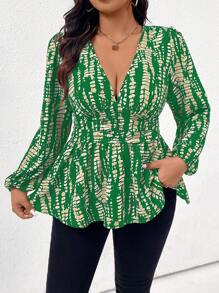Franclia Plus Size Allover Print Deep V-Neck Long Sleeve T-Shirt Peplum Top
