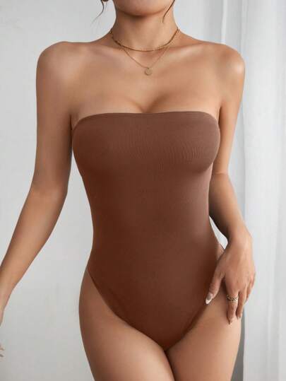 SHEIN PETITE Women's Solid Color Minimalist Bodysuit, Casual Holiday