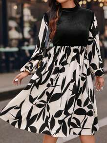 SHEIN VCAY Plus Size Women's Black Autumn Elegant Formal Evening Wedding Velvet Long Sleeve Dress,Printed Patchwork A-Line Casual Soft Stand Collar Long Dress - Multicolor - View 2