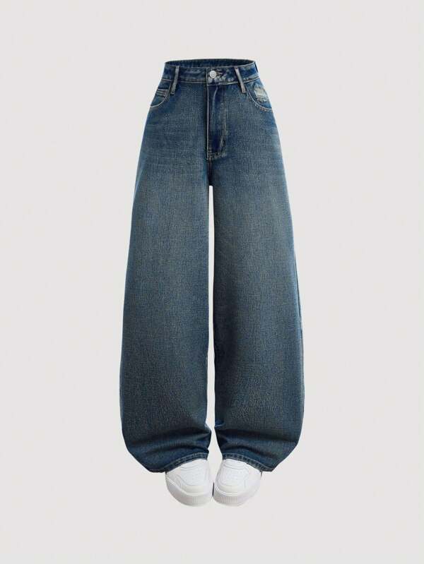 SHEIN Girlism Vaqueros de cintura baja y pierna ancha rasgados y lavados en estilo retro Y2K con bolsillos para adolescentes. Ropa de otoño, de vuelta al colegio, de calle y de Halloween para chicas
