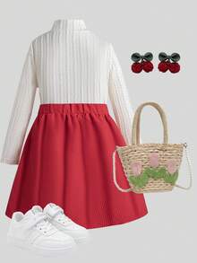 Young Girl Fashionable Casual Knit Jacquard Textured Elastic Fabric Dress With Red Bow Tie Waistband, Suitable For Outings, Travel, Vacation, School, Daily Wear, Autumn And Spring, Stylish, Fashion , Cute, Fits For Fashion-Conscious Girlish Charms, 2-Piece Set