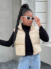 SHEIN Tween Girls Casual Stand Collar Sleeveless Padded Vest Jacket, Autumn Winter - Apricot - View 6