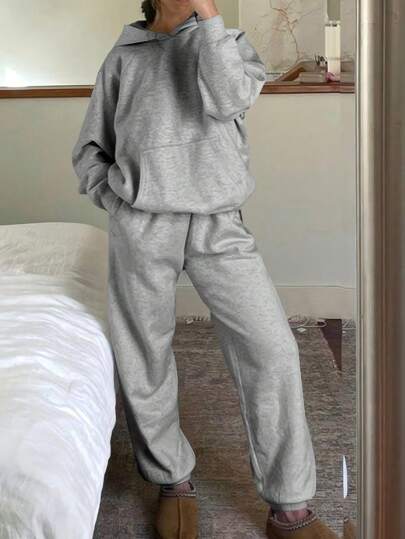 Conjunto casual de 2 piezas de sudadera con capucha de unicolor con bolsillos y pantalón de chándal para mujer
