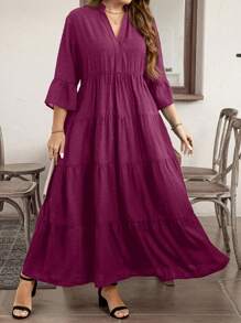 SHEIN LUNE Vestido casual de línea A hasta los tobillos de tejido con escote entallado para tallas grandes para el verano - Rojo violeta - Ver 6